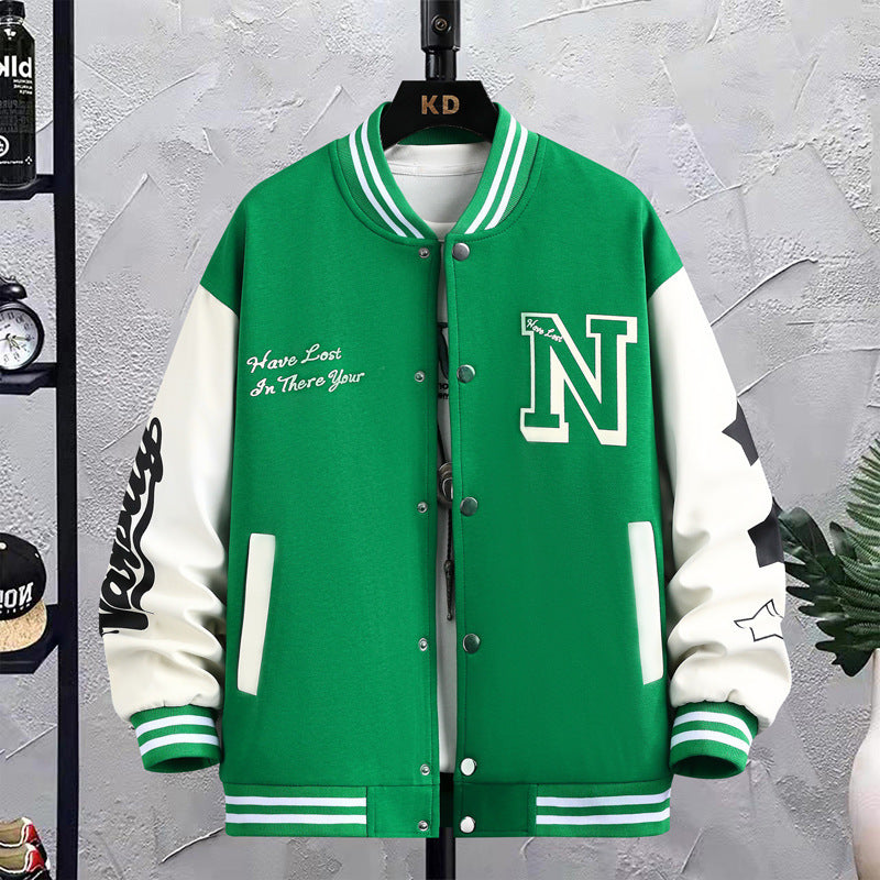 Letter Print Color Block Jacket Ins Fashion Loose Button Round Neck Baseball Coat Top For Men - TWENTY ONE SEVEN