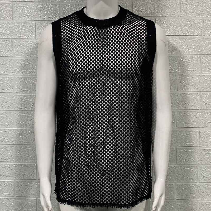 Solid Color Hollow Knitted Vest - Round Neck Sleeveless Design