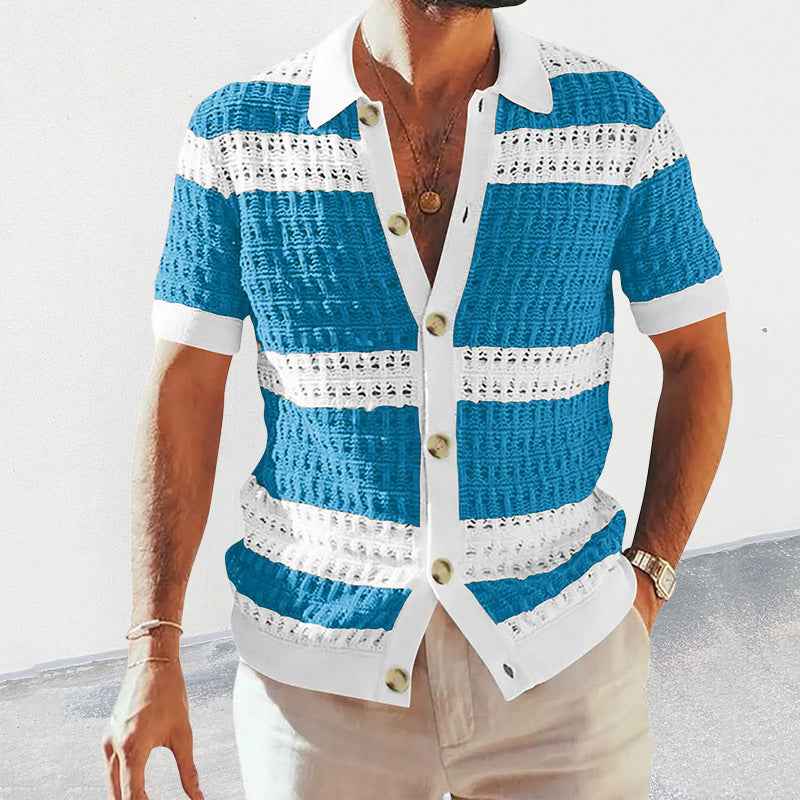 Summer Luxury Men's Polo Neck Cardigan Short Sleeve Knitted Shirt Breathable Top Coat