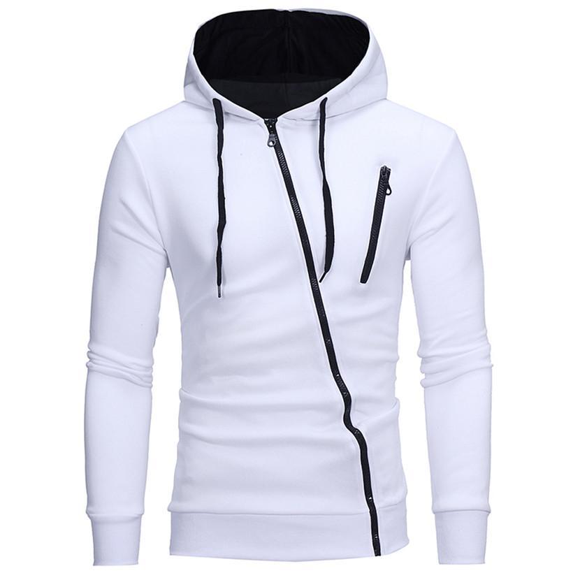 Diagonal Zipper Hooded Sweater Solid Color for Men