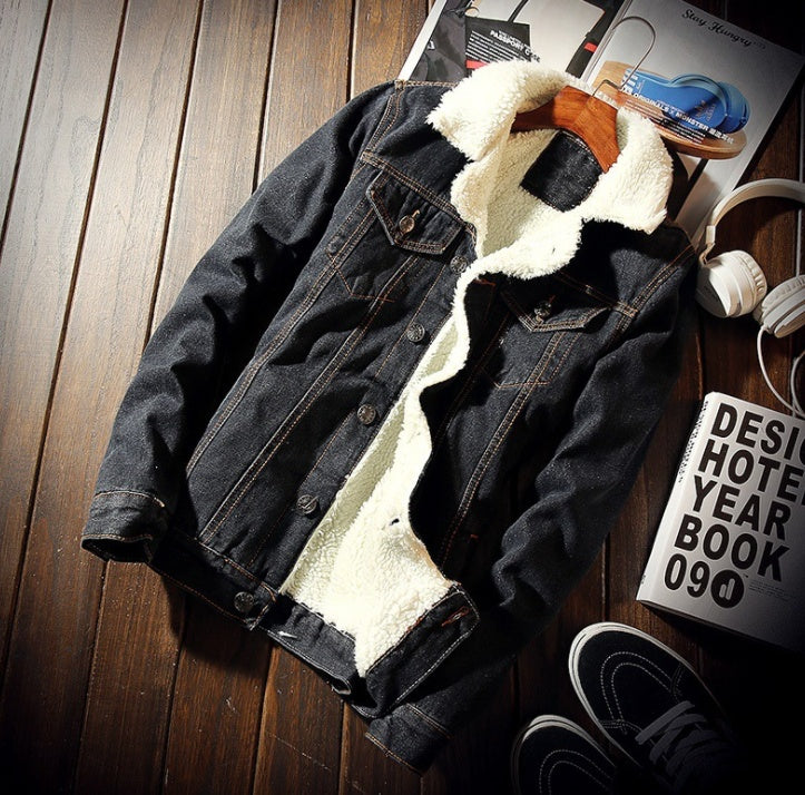 Denim Bomber Jacket Men Black High Quality Fleece Winter Oversized Jeans Jacket