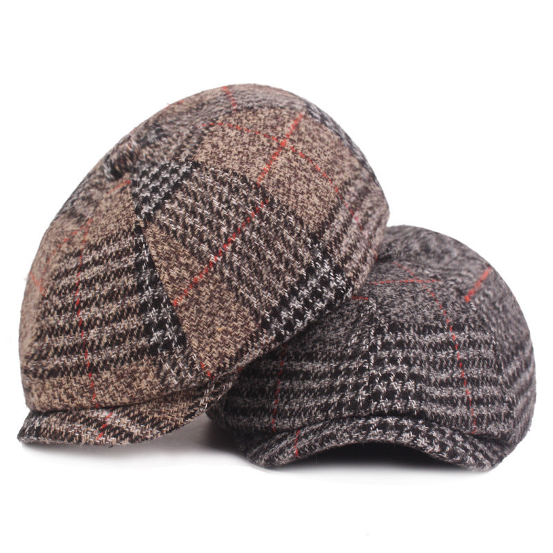 Autumn Winter Men's Plaid Beret Cap Thickened Hat