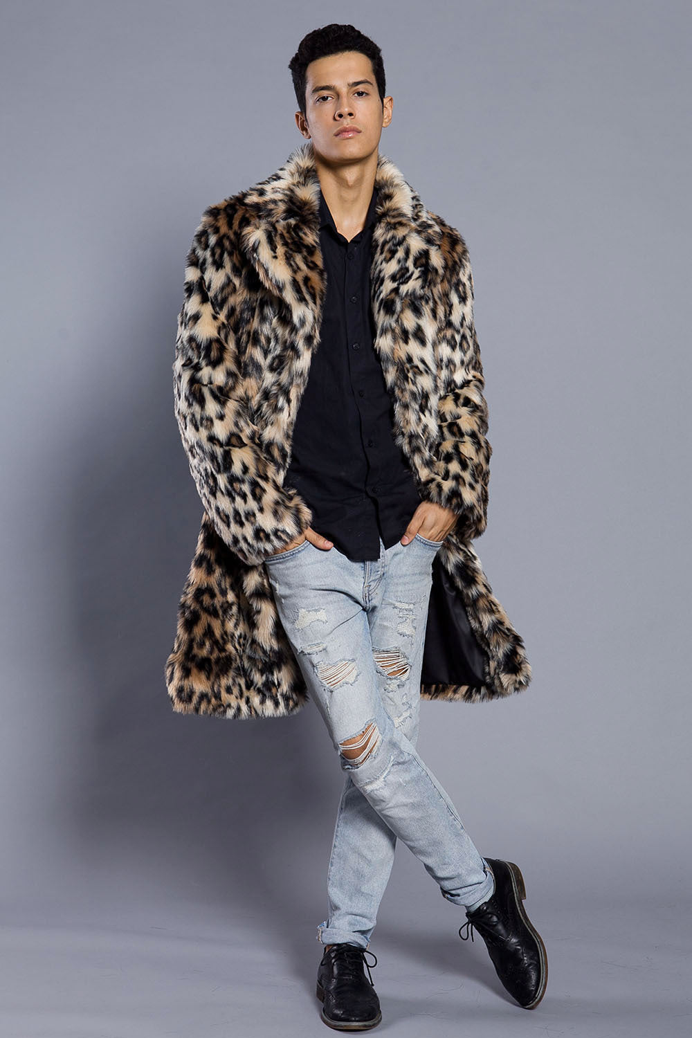 Leopard Print Men's Coat - Europe & US Stylish Warm Fur Suit Collar Coat for Men
