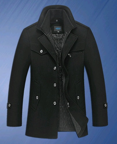 Autumn Winter Men's Winter Windbreaker Coat Thick Double Collar Wool Long Section
