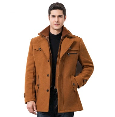Autumn Winter Men's Winter Windbreaker Coat Thick Double Collar Wool Long Section