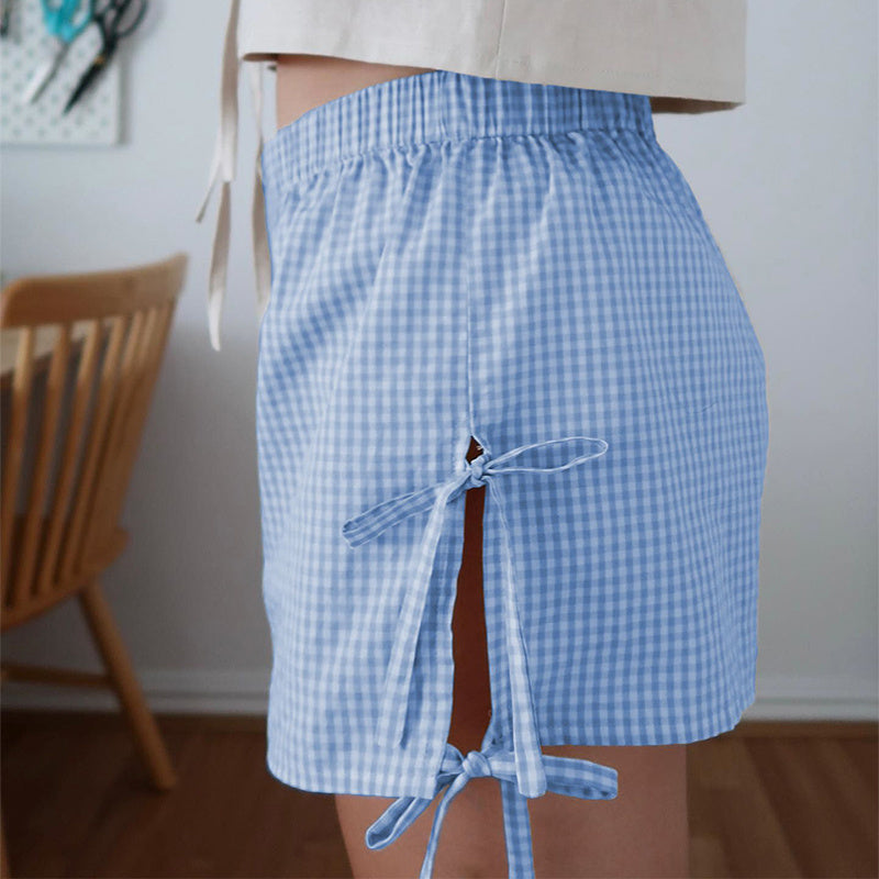 Y2K Plaid Print Shorts with Lace-up Design – Summer Fashion Elastic Band Pants for Women