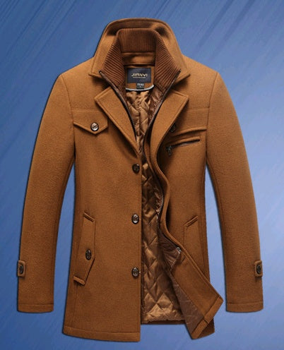 Autumn Winter Men's Winter Windbreaker Coat Thick Double Collar Wool Long Section