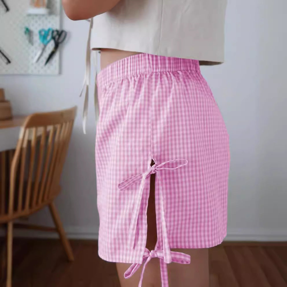 Y2K Plaid Print Shorts with Lace-up Design – Summer Fashion Elastic Band Pants for Women