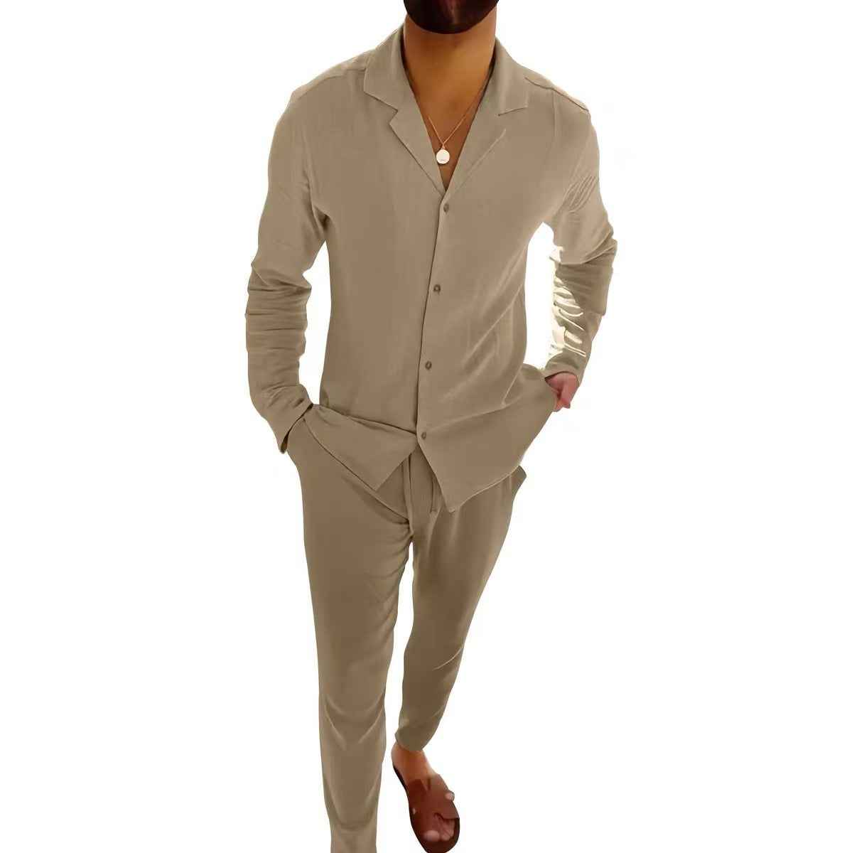 Men's Casual Long-sleeved Suit with Lapel Shirt Top and Slim-fit Trousers