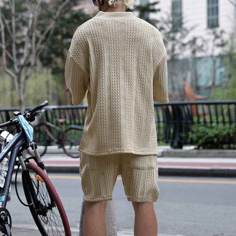 Casual Jacquard Suit Set: Summer V-neck Short-sleeved T-shirt & Drawstring Pocket Shorts 2pcs for Men
