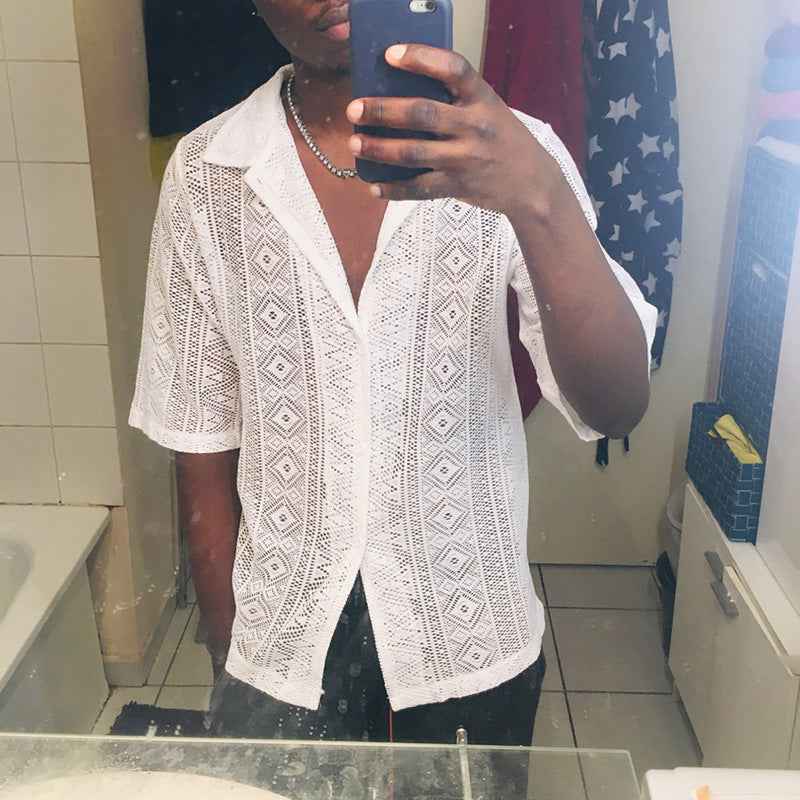 Fashion Hollow Short Sleeve Shirt Summer Mesh Lapel Button Tops - Trendy Hollow Short Sleeve Shirt