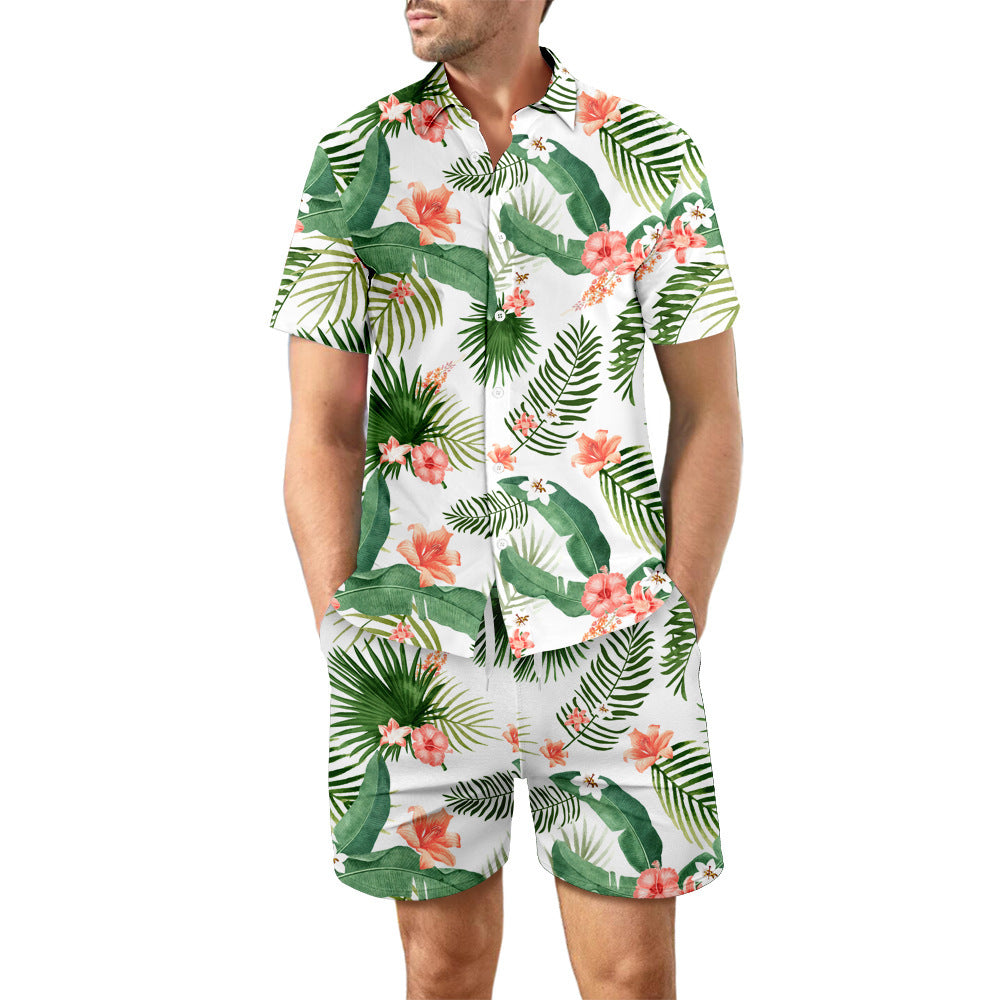 2Pcs Printed Beach Shirt Summer Suit Loose Lapel Button Top And Drawstring Pockets Shorts Casual Short Sleeve Suits For Men Clothing - TWENTY ONE SEVEN