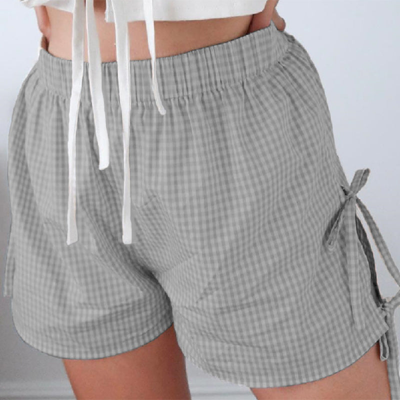 Y2K Plaid Print Shorts with Lace-up Design – Summer Fashion Elastic Band Pants for Women