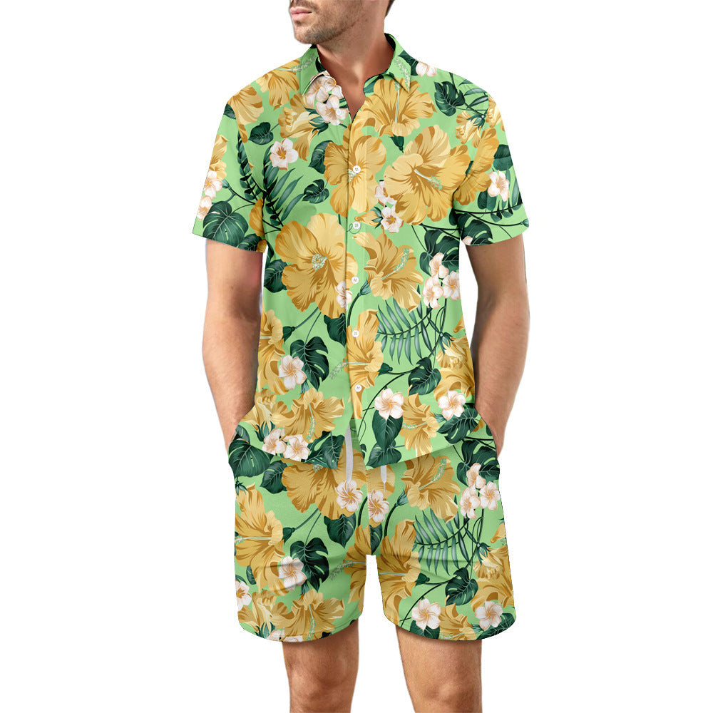 2Pcs Printed Beach Shirt Summer Suit Loose Lapel Button Top And Drawstring Pockets Shorts Casual Short Sleeve Suits For Men Clothing - TWENTY ONE SEVEN