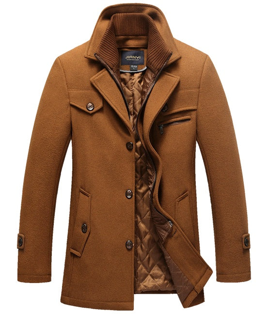 Autumn Winter Men's Winter Windbreaker Coat Thick Double Collar Wool Long Section