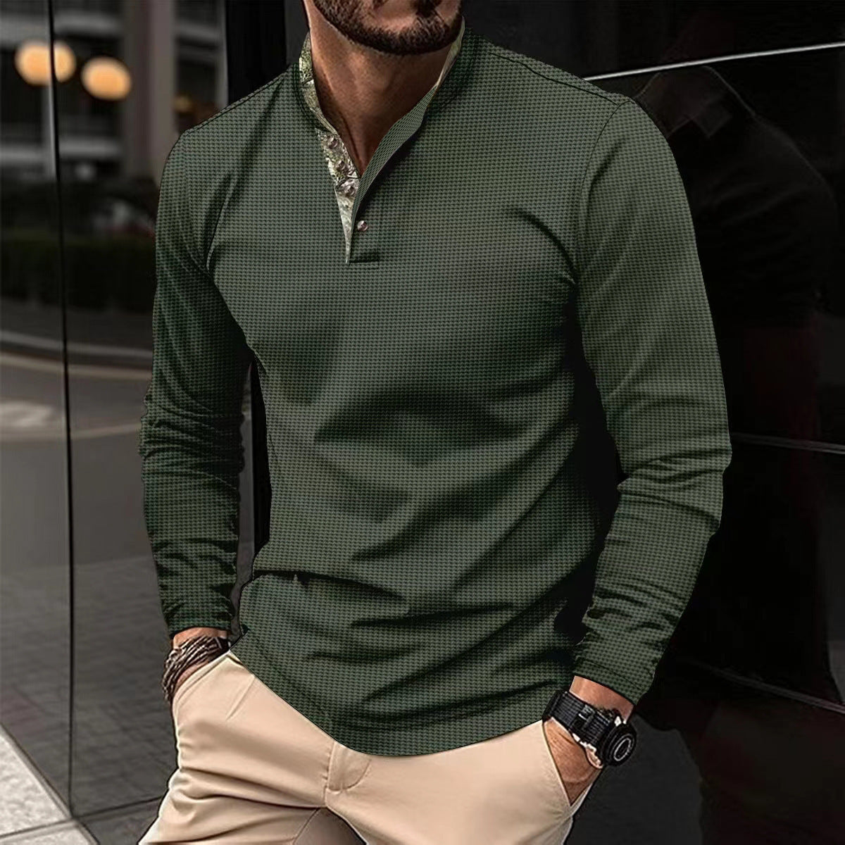 Men's Double Layer Lapel Polo Shirt Fashion Waffle Long-sleeved Tops Clothing - TWENTY ONE SEVEN