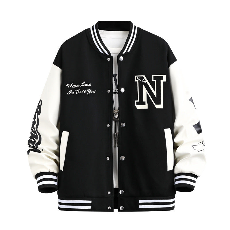 Letter Print Color Block Jacket Ins Fashion Loose Button Round Neck Baseball Coat Top For Men - TWENTY ONE SEVEN