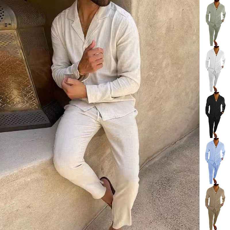 Men's Casual Long-sleeved Suit with Lapel Shirt Top and Slim-fit Trousers
