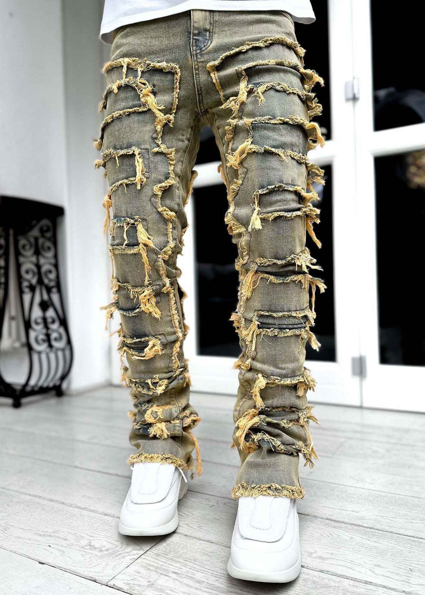 Men's Stacked Jeans for Men - Individual Patched Long Tight Fit Pants
