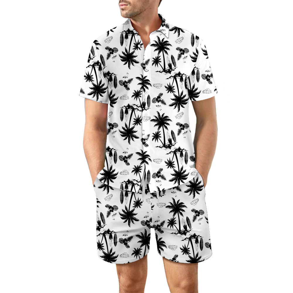 2Pcs Printed Beach Shirt Summer Suit Loose Lapel Button Top And Drawstring Pockets Shorts Casual Short Sleeve Suits For Men Clothing - TWENTY ONE SEVEN