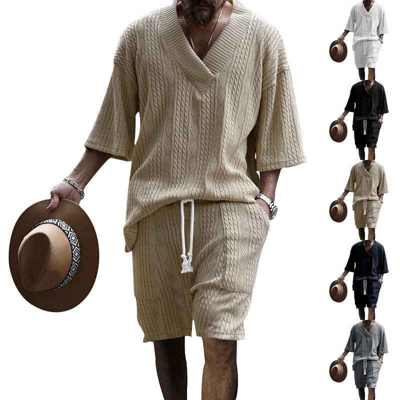 Casual Jacquard Suit Set: Summer V-neck Short-sleeved T-shirt & Drawstring Pocket Shorts 2pcs for Men