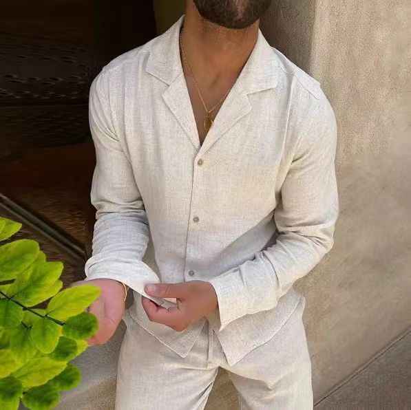 Men's Casual Long-sleeved Suit with Lapel Shirt Top and Slim-fit Trousers