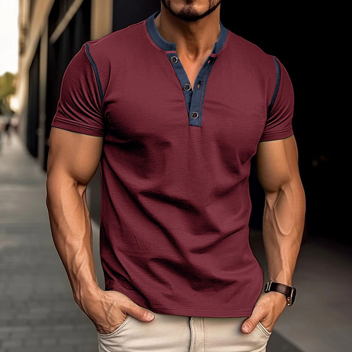 Fashion Short-sleeved Polo Shirt Summer Button V-neck T-shirt Tops Mens Clothing - TWENTY ONE SEVEN