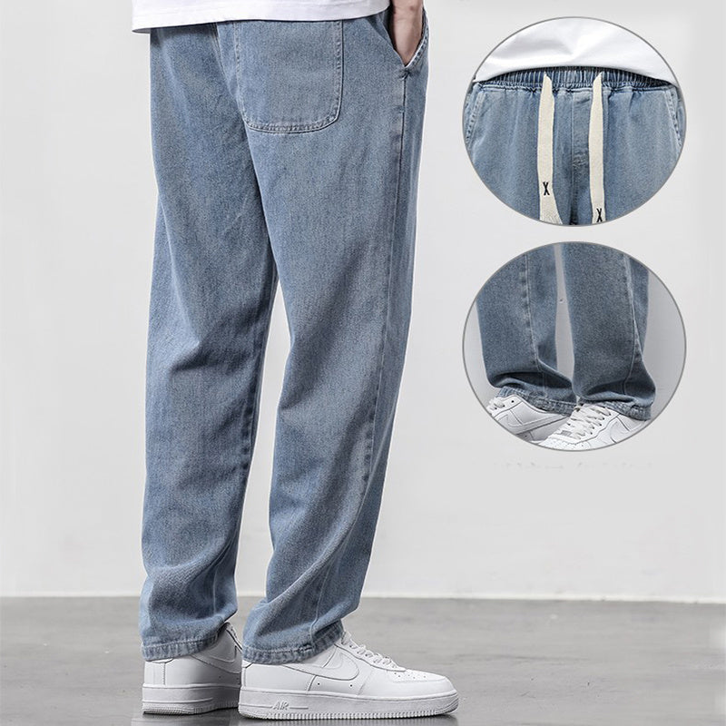 Summer Loose Wide Leg Jeans Pants Men Fashion Drawstring Elasticated Straight Trousers - TWENTY ONE SEVEN
