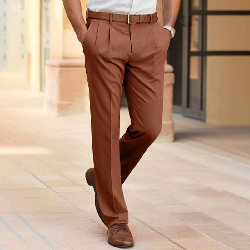 Men's Casual Suit Pants - Mid Waist Straight Long Trousers for Office Business Formal