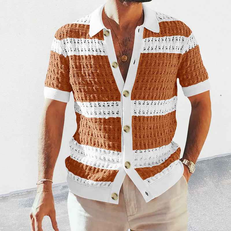 Summer Luxury Men's Polo Neck Cardigan Short Sleeve Knitted Shirt Breathable Top Coat