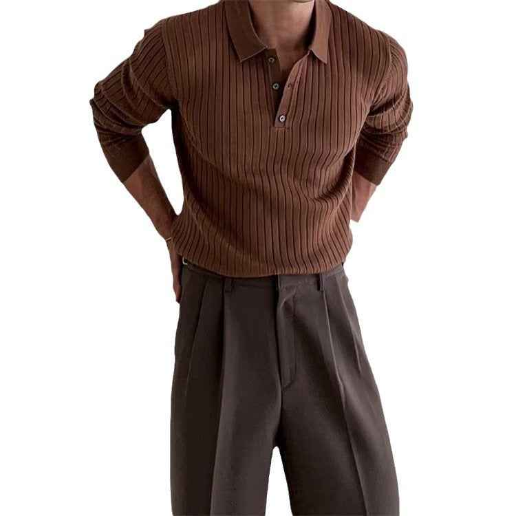 Lapel Button Slim Fit Polo Shirt Long Sleeve Knitted Bottoming Top for Men