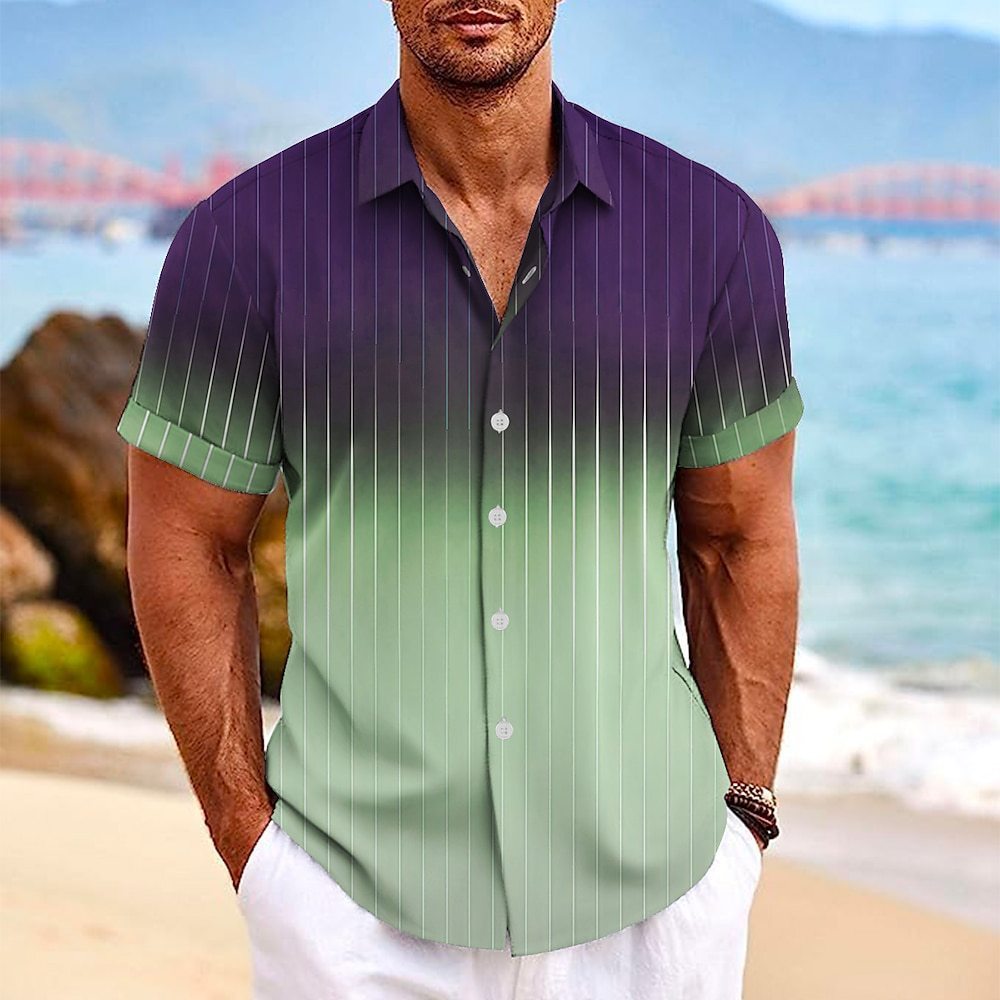 Lapel Button Short-sleeved Shirt Summer Fashion Gradient Striped Print Beach Shirt Leisure Tops Men's Clothing - TWENTY ONE SEVEN