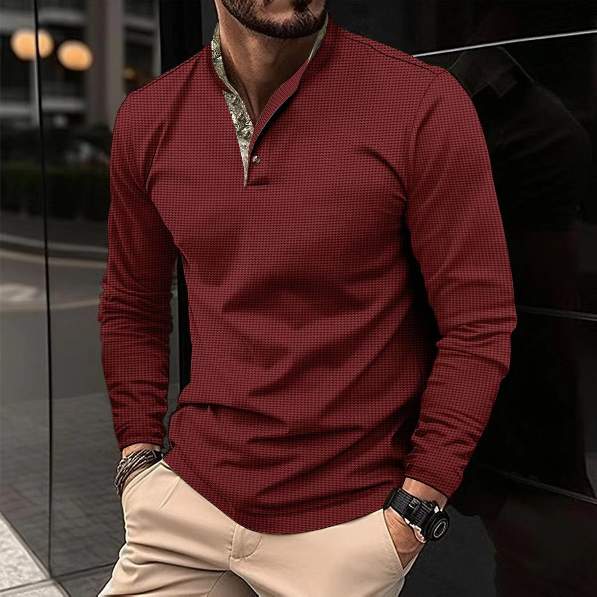 Men's Double Layer Lapel Polo Shirt Fashion Waffle Long-sleeved Tops Clothing - TWENTY ONE SEVEN