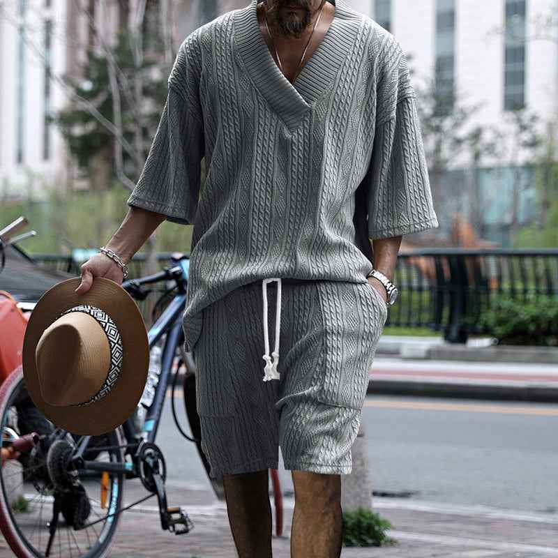 Casual Jacquard Suit Set: Summer V-neck Short-sleeved T-shirt & Drawstring Pocket Shorts 2pcs for Men