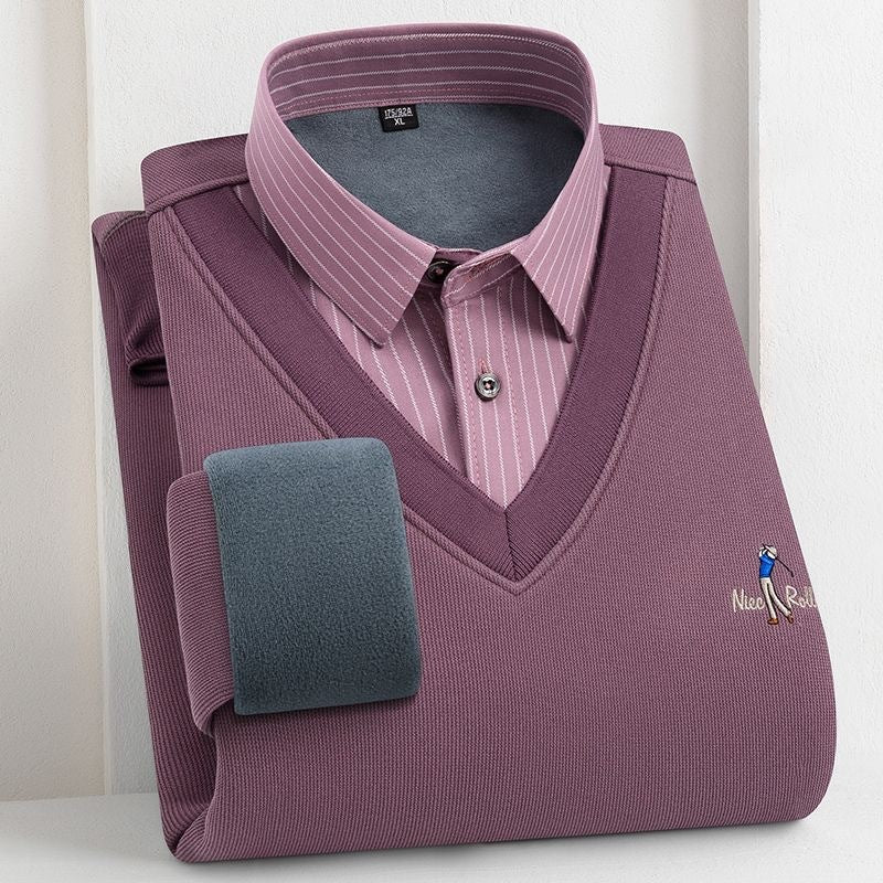 Fleece-lined Pullover Sweater - Thickened Fake Shirt Collar Leisure Warm Knit