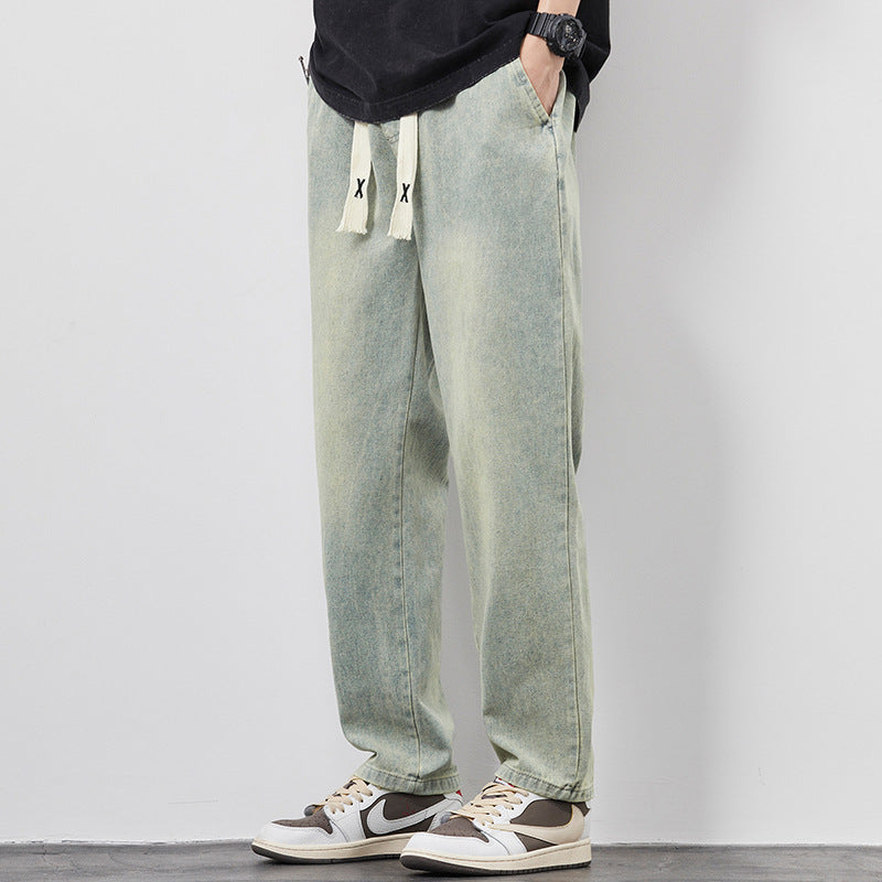 Summer Loose Wide Leg Jeans Pants Men Fashion Drawstring Elasticated Straight Trousers - TWENTY ONE SEVEN