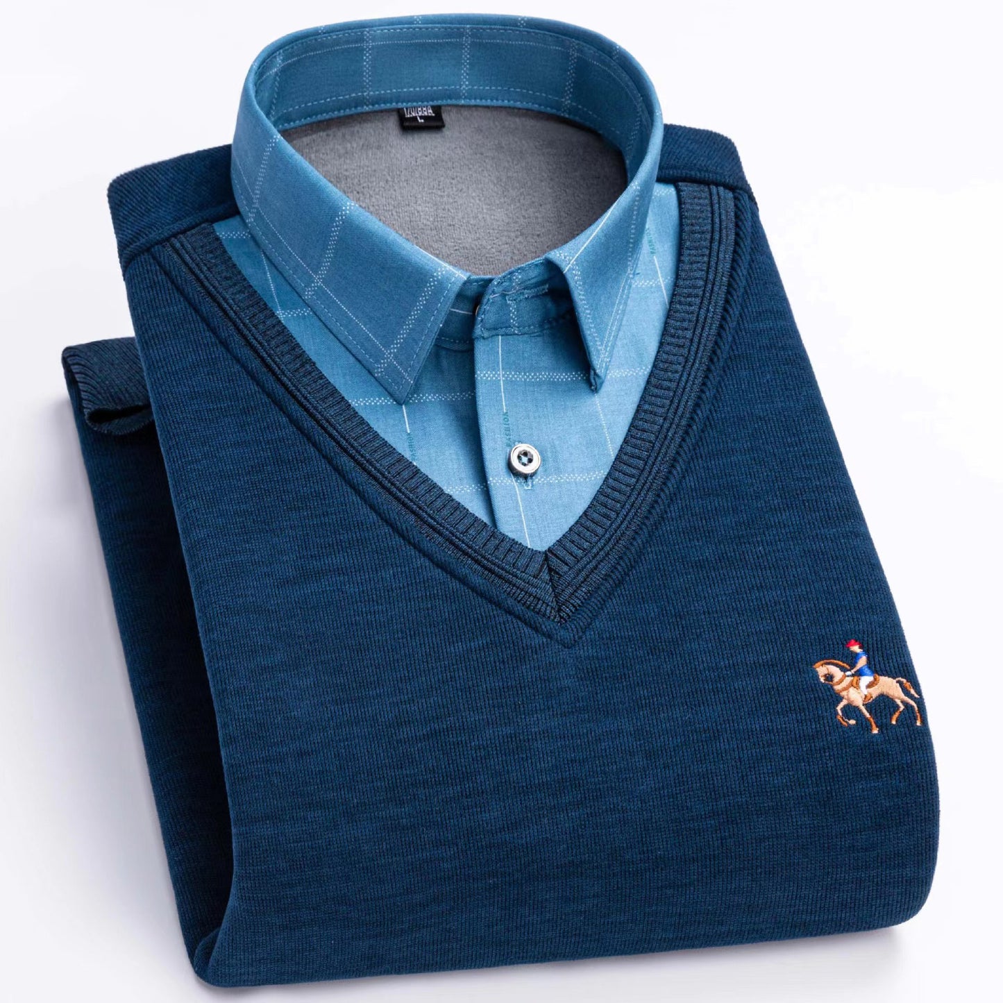 Fleece-lined Pullover Sweater - Thickened Fake Shirt Collar Leisure Warm Knit