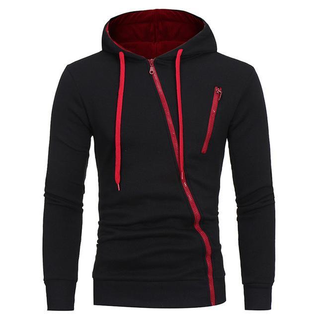 Diagonal Zipper Hooded Sweater Solid Color for Men