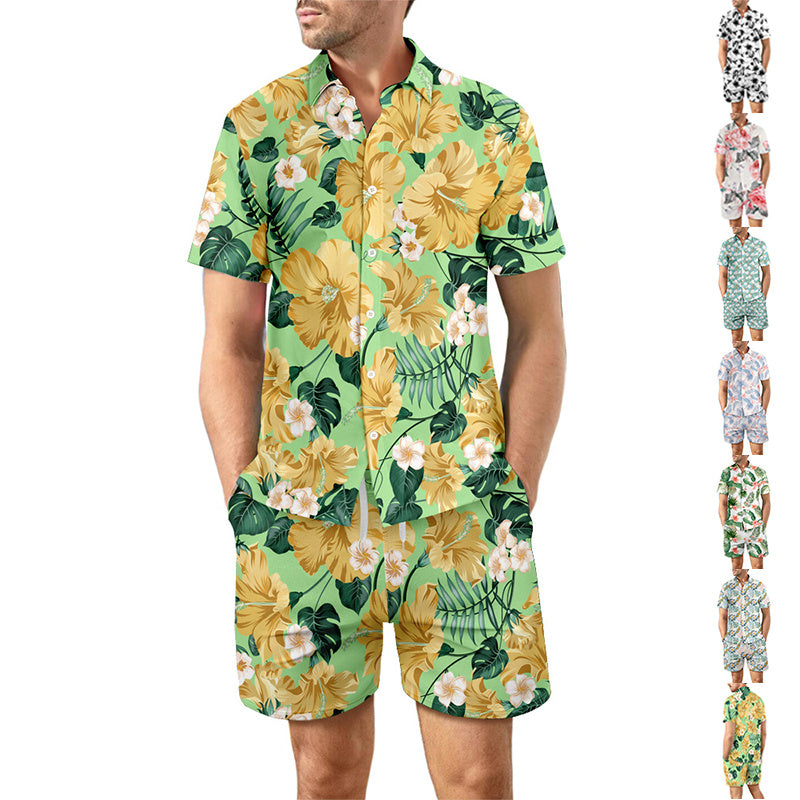 2Pcs Printed Beach Shirt Summer Suit Loose Lapel Button Top And Drawstring Pockets Shorts Casual Short Sleeve Suits For Men Clothing - TWENTY ONE SEVEN