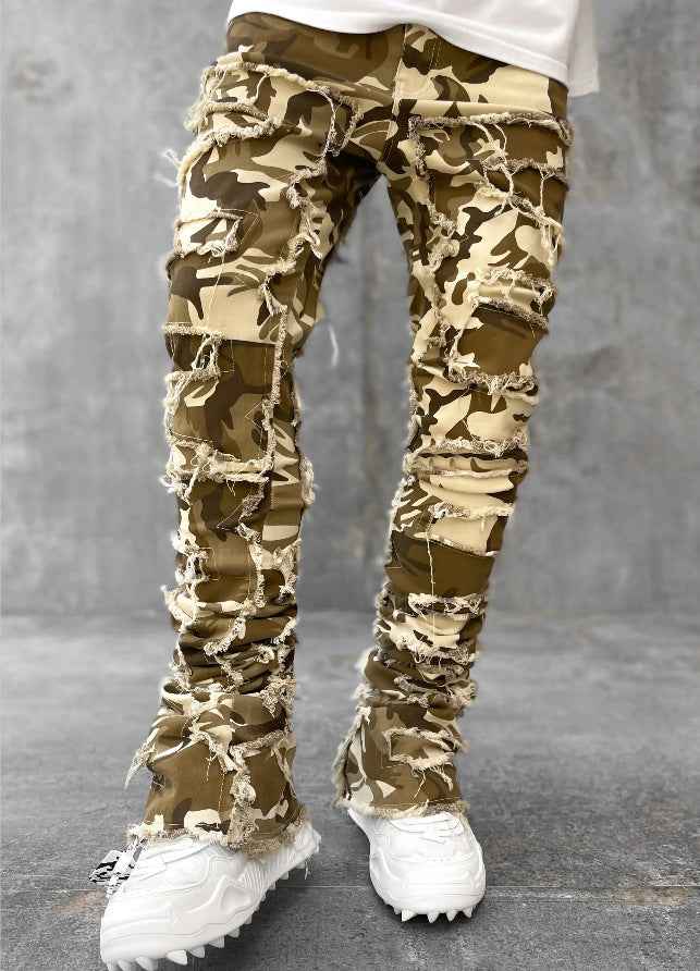 Men's Stacked Jeans for Men - Individual Patched Long Tight Fit Pants