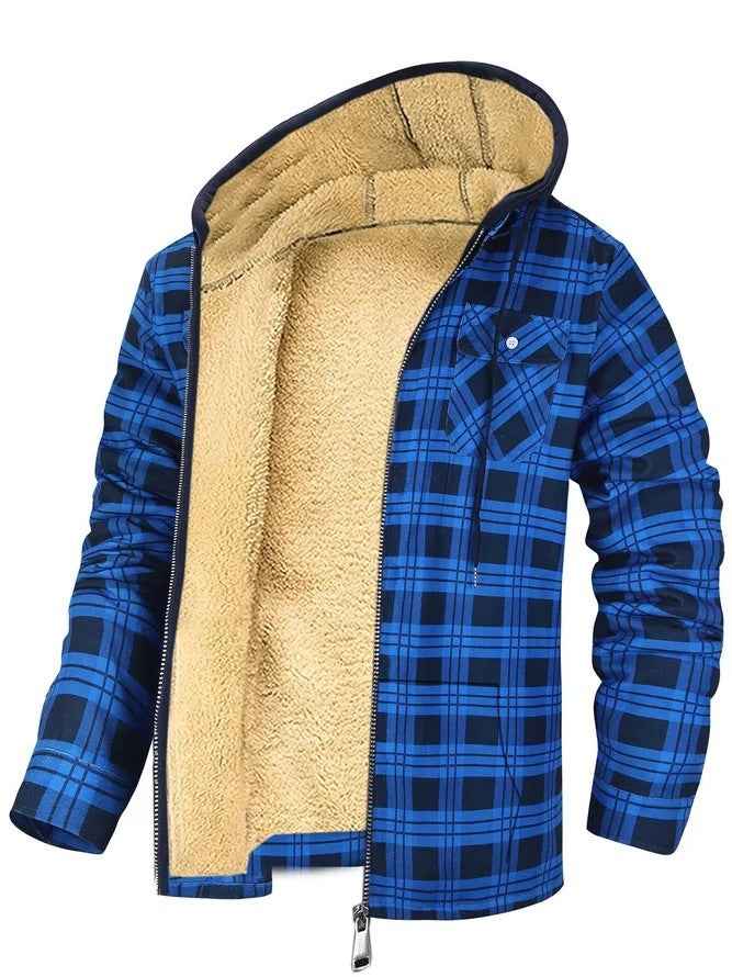 Men's Plaid Hooded Jacket Winter Thickened Cotton-Padded Coat Warm Clothing