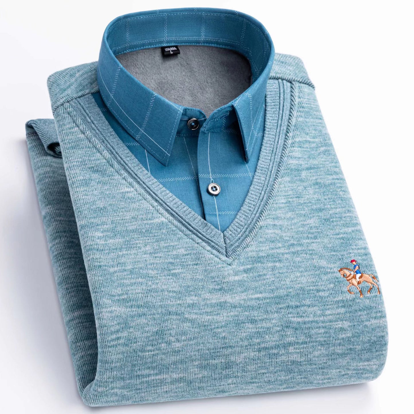 Fleece-lined Pullover Sweater - Thickened Fake Shirt Collar Leisure Warm Knit