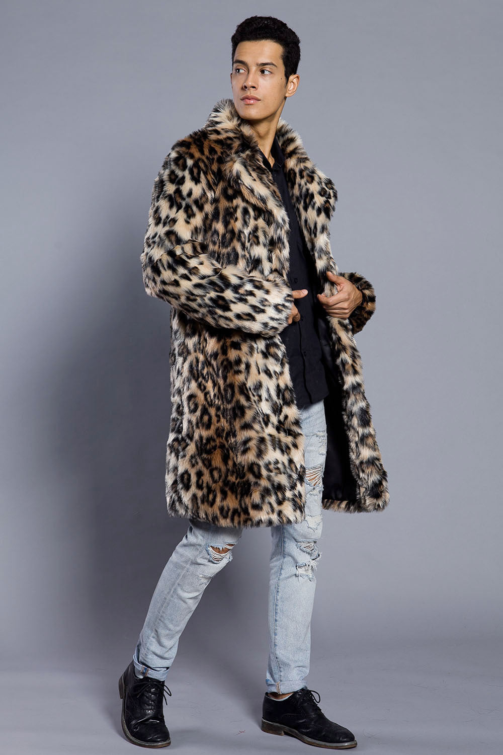 Leopard Print Men's Coat - Europe & US Stylish Warm Fur Suit Collar Coat for Men