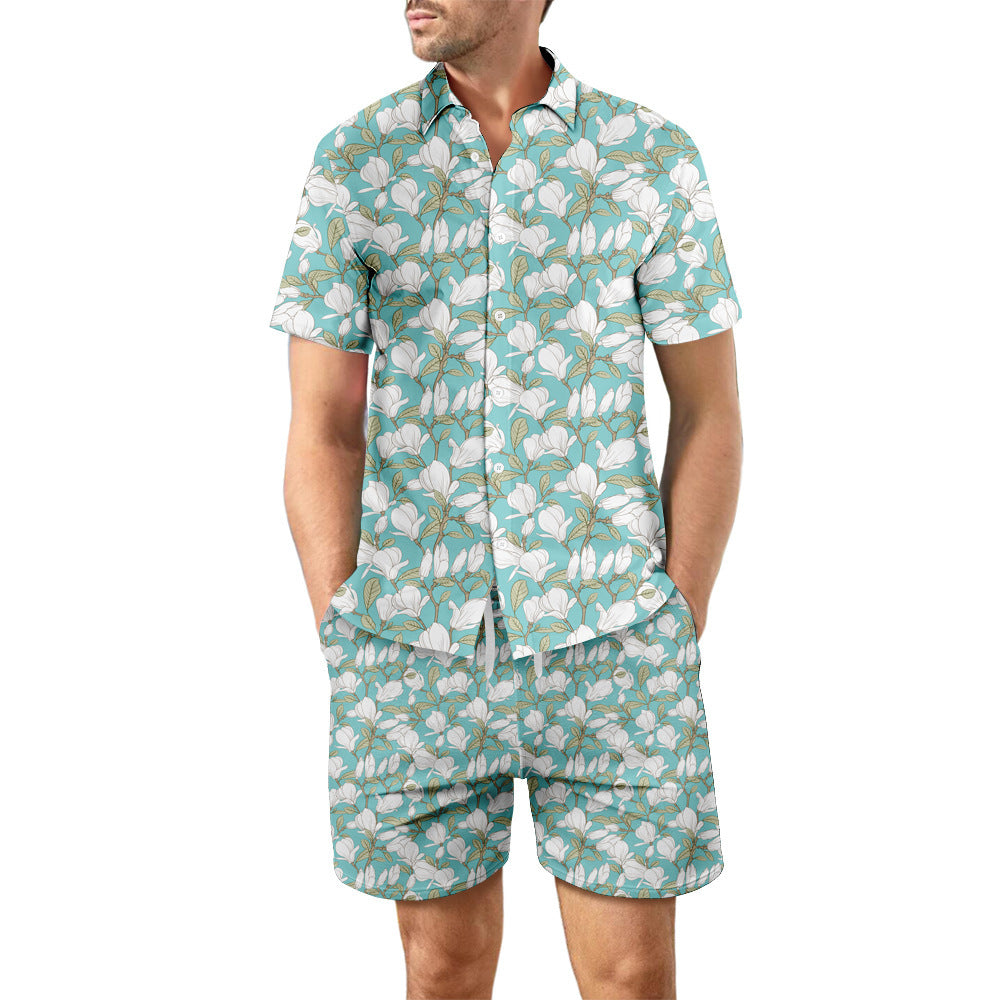 2Pcs Printed Beach Shirt Summer Suit Loose Lapel Button Top And Drawstring Pockets Shorts Casual Short Sleeve Suits For Men Clothing - TWENTY ONE SEVEN