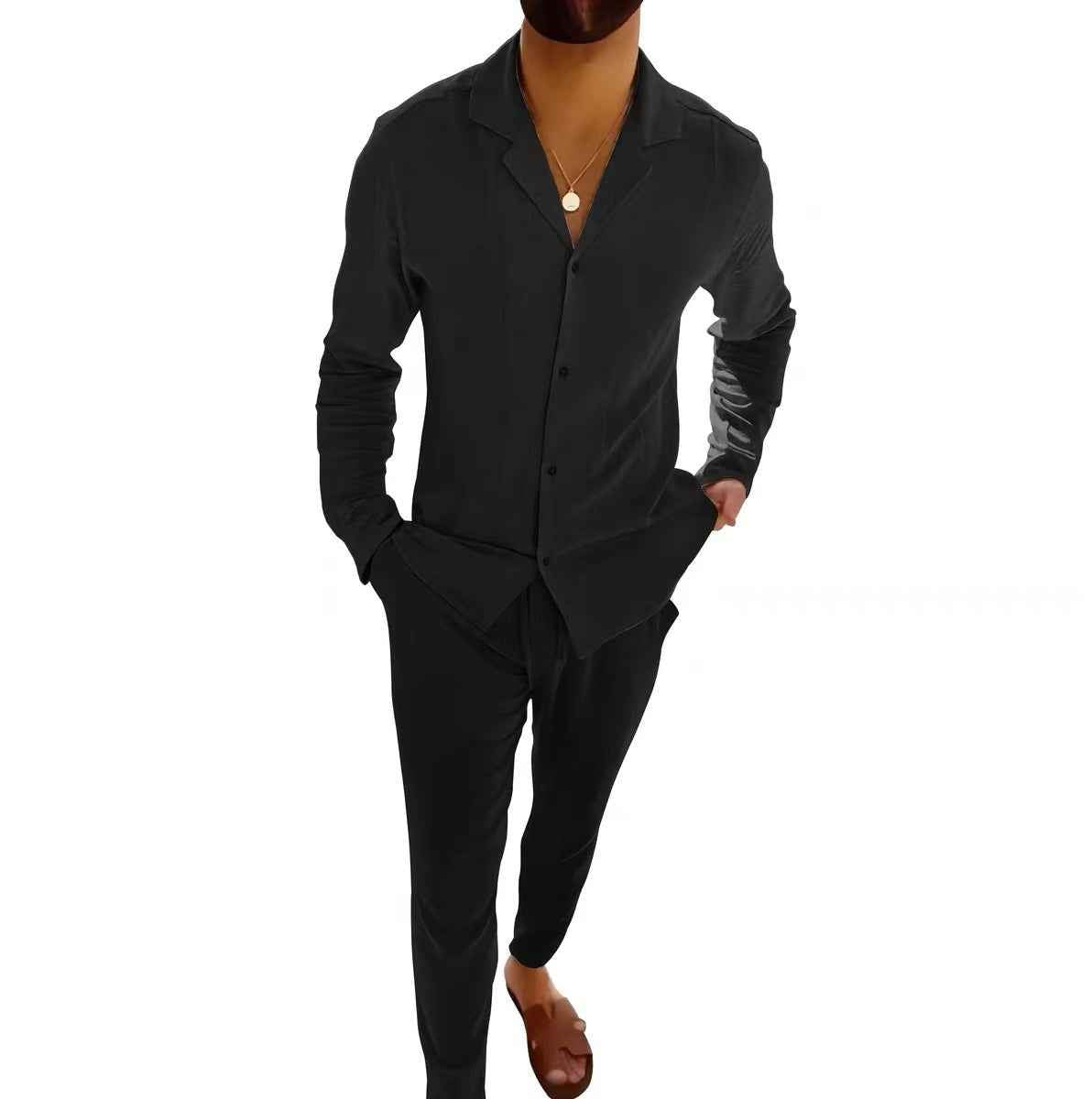 Men's Casual Long-sleeved Suit with Lapel Shirt Top and Slim-fit Trousers