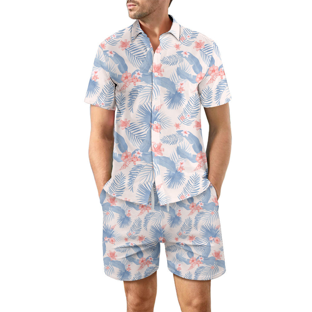 2Pcs Printed Beach Shirt Summer Suit Loose Lapel Button Top And Drawstring Pockets Shorts Casual Short Sleeve Suits For Men Clothing - TWENTY ONE SEVEN