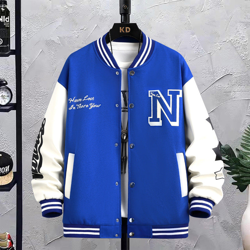 Letter Print Color Block Jacket Ins Fashion Loose Button Round Neck Baseball Coat Top For Men - TWENTY ONE SEVEN