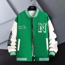 Letter Print Color Block Jacket Ins Fashion Loose Button Round Neck Baseball Coat Top For Men - TWENTY ONE SEVEN
