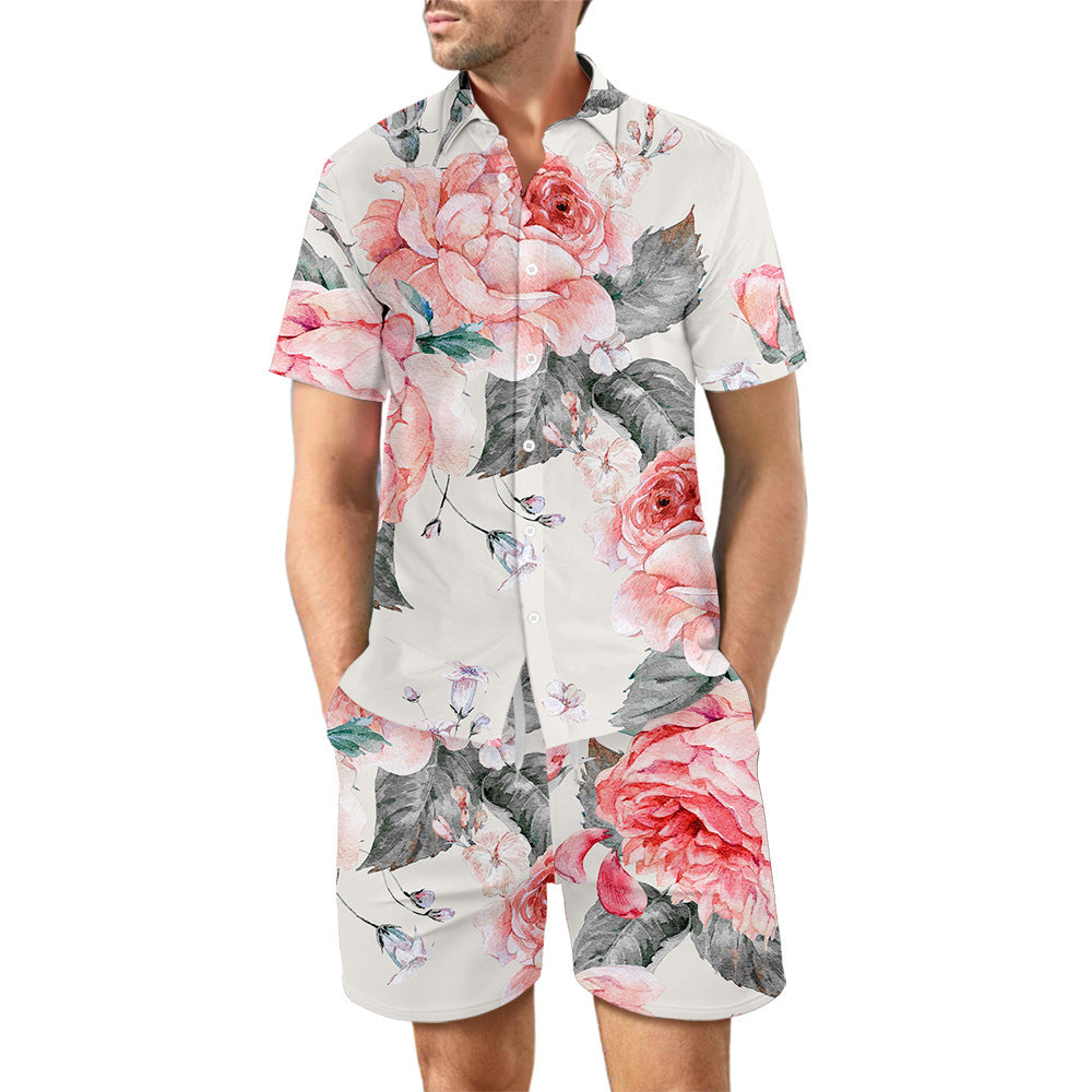 2Pcs Printed Beach Shirt Summer Suit Loose Lapel Button Top And Drawstring Pockets Shorts Casual Short Sleeve Suits For Men Clothing - TWENTY ONE SEVEN