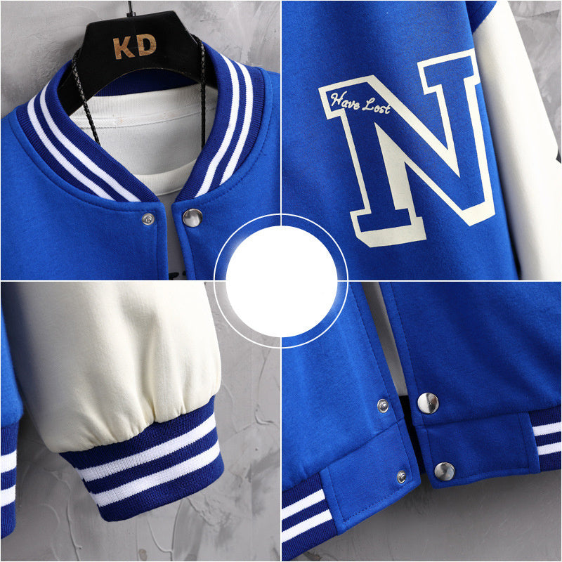 Letter Print Color Block Jacket Ins Fashion Loose Button Round Neck Baseball Coat Top For Men - TWENTY ONE SEVEN